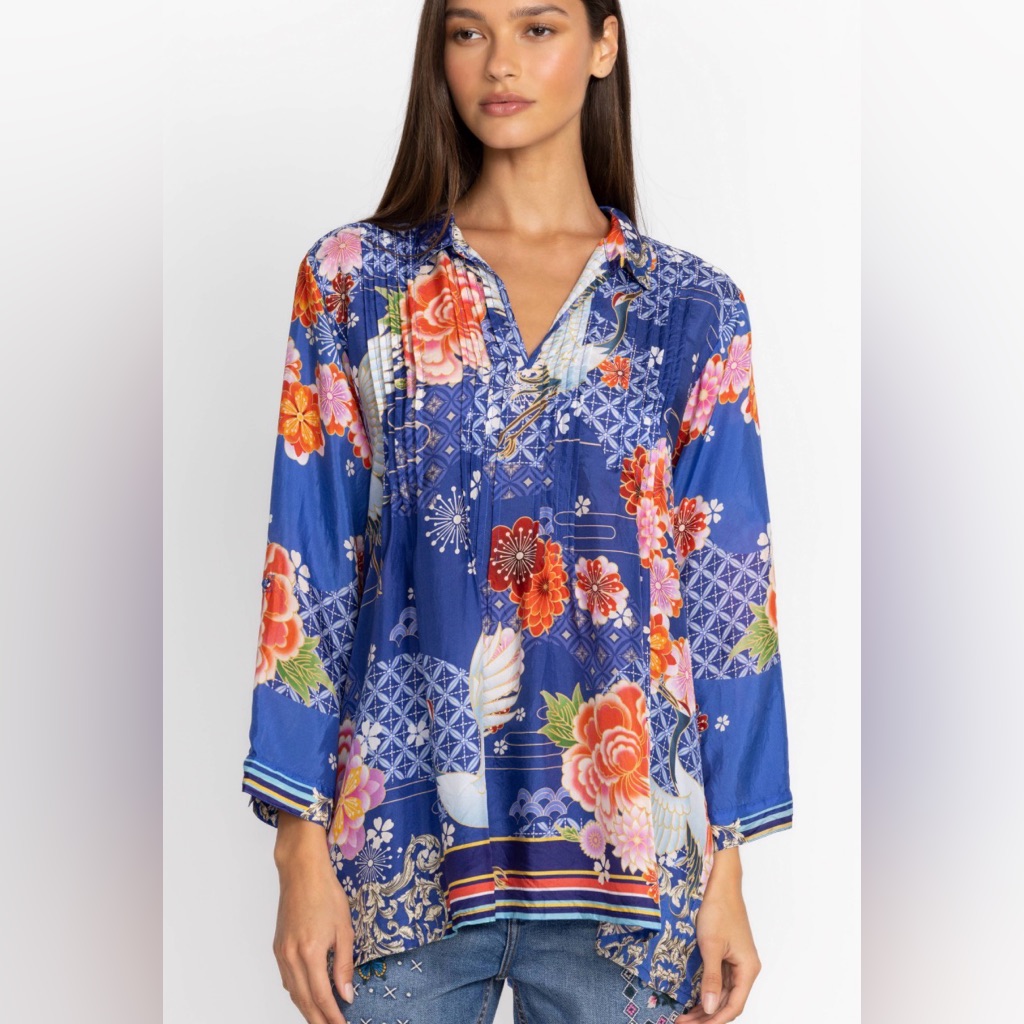 Rare Johnny Was Pajaro Coddi Silk Blue Floral & Crane V-Neck Tunic Sz Large
